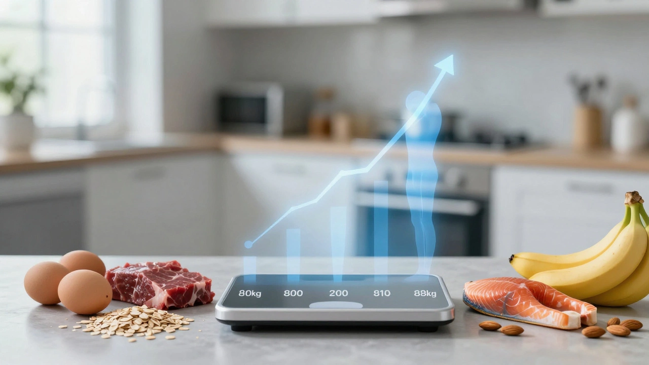 Прогресс набора массы: вес на весах и ключевые продукты для роста мышц.