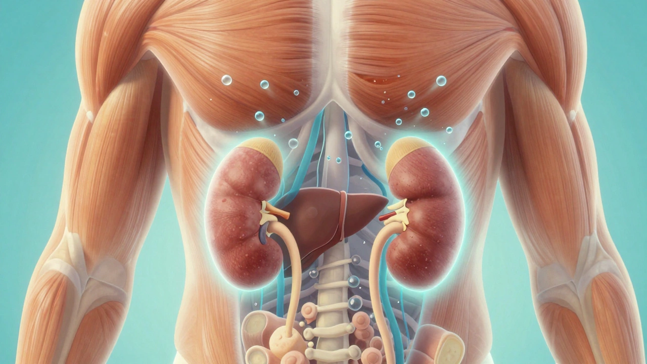 Прозрачный силуэт человека с водой, втекающей в мышечные клетки, почки и печень светятся нормально.