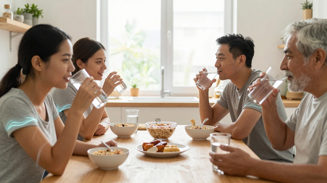 Разные люди пьют воду и едят овсянку утром, мягкий свет, атмосфера здорового образа жизни.