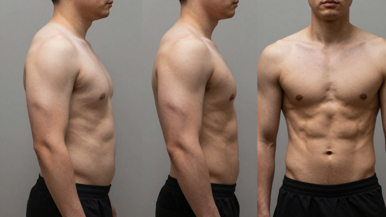 Три этапа трансформации тела: от начального состояния к рельефному телу за 10 недель.