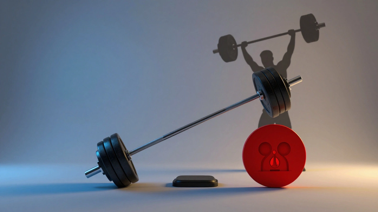 Весы с гирей прогресса и значком боли, весы наклонены в сторону прогресса, за ними силуэт атлета.