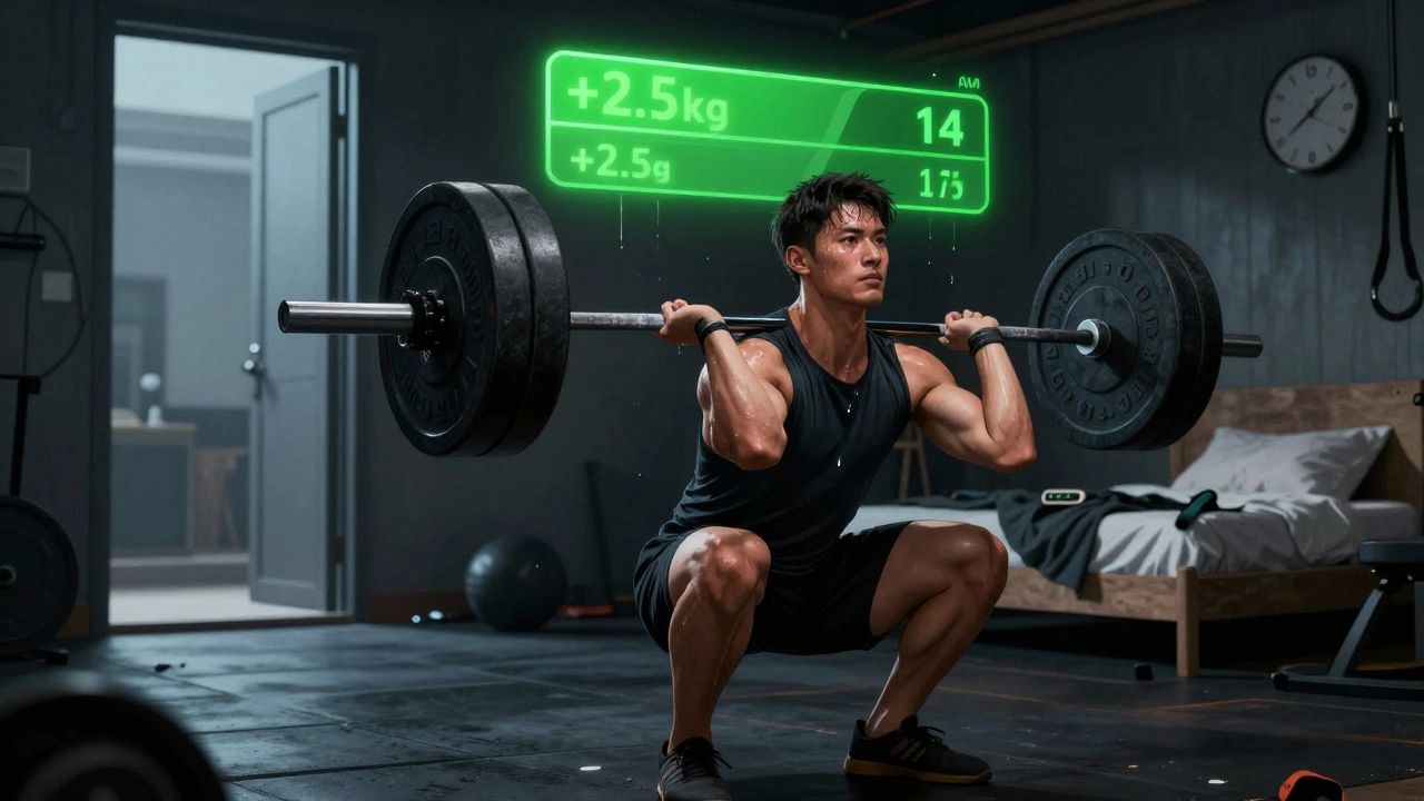 Атлет выполняет присед со штангой, над штангой — индикатор роста веса