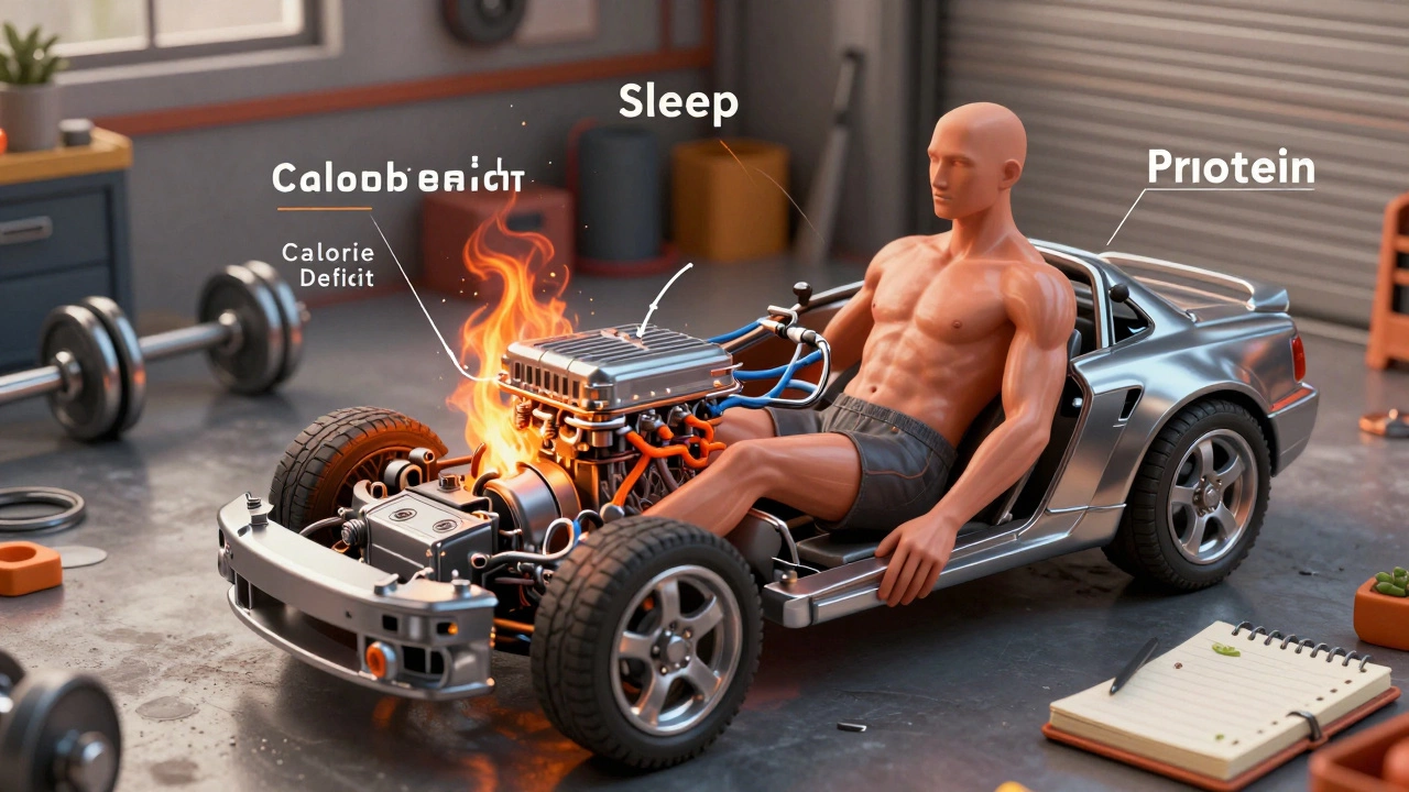 Человеческое тело как автомобиль: мышцы — кузов, дефицит калорий — топливо, сон и белок — масла.