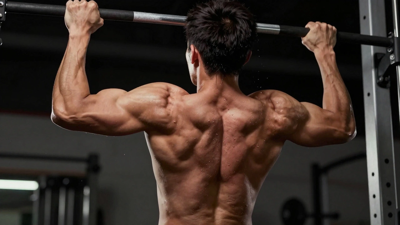 Человек делает подтягивание, акцент на активации широчайших мышц спины.