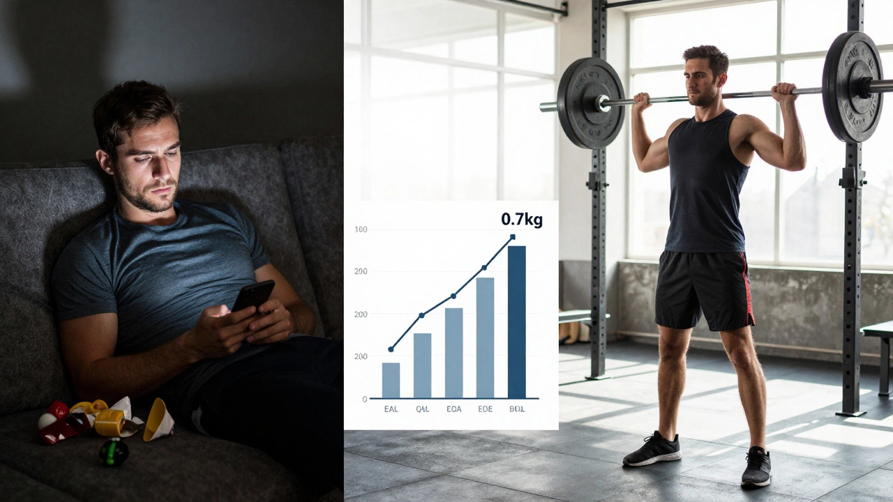 До и после сушки: один человек — уставший на диване, другой — сильный в зале, между ними график похудения.