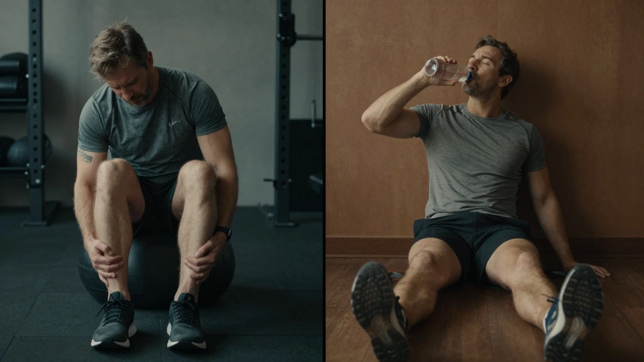 Контраст: один мужчина после чрезмерных тренировок с болью, другой — после оптимального режима с отдыхом.