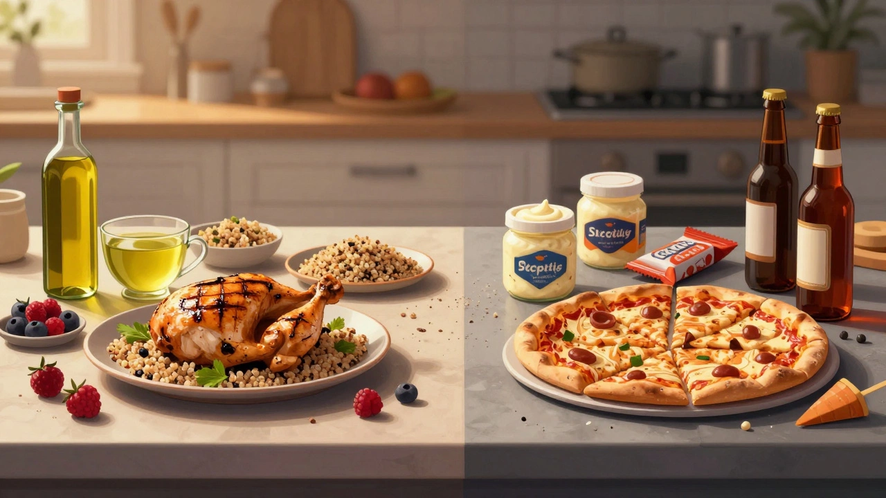 Кухонная стойка: здоровая еда с одной стороны, запрещенные продукты — с другой, разрушающиеся в пыль.