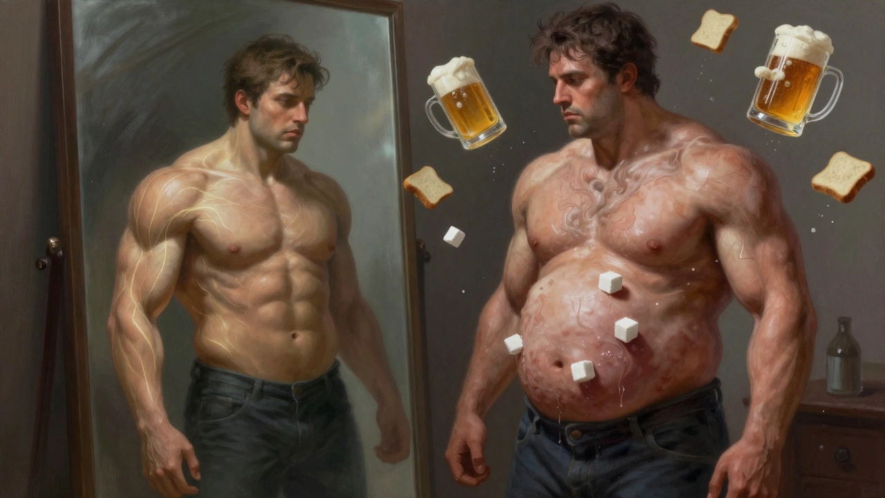 Мужчина перед зеркалом: половина тела — рельефная и сильная, вторая — покрыта жиром и токсичными продуктами.