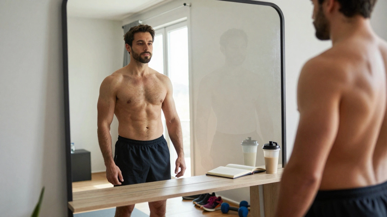 Мужчина смотрит в зеркало, его новое тело отражается рядом с тенью прежнего, утренний свет, тренировочные вещи на полу.