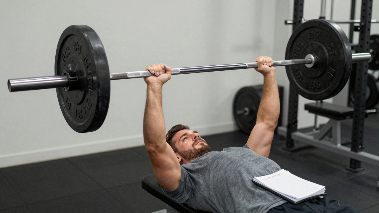 Мужчина жмет штангу, вес увеличен на 1,25 кг по сравнению с прошлой неделей.