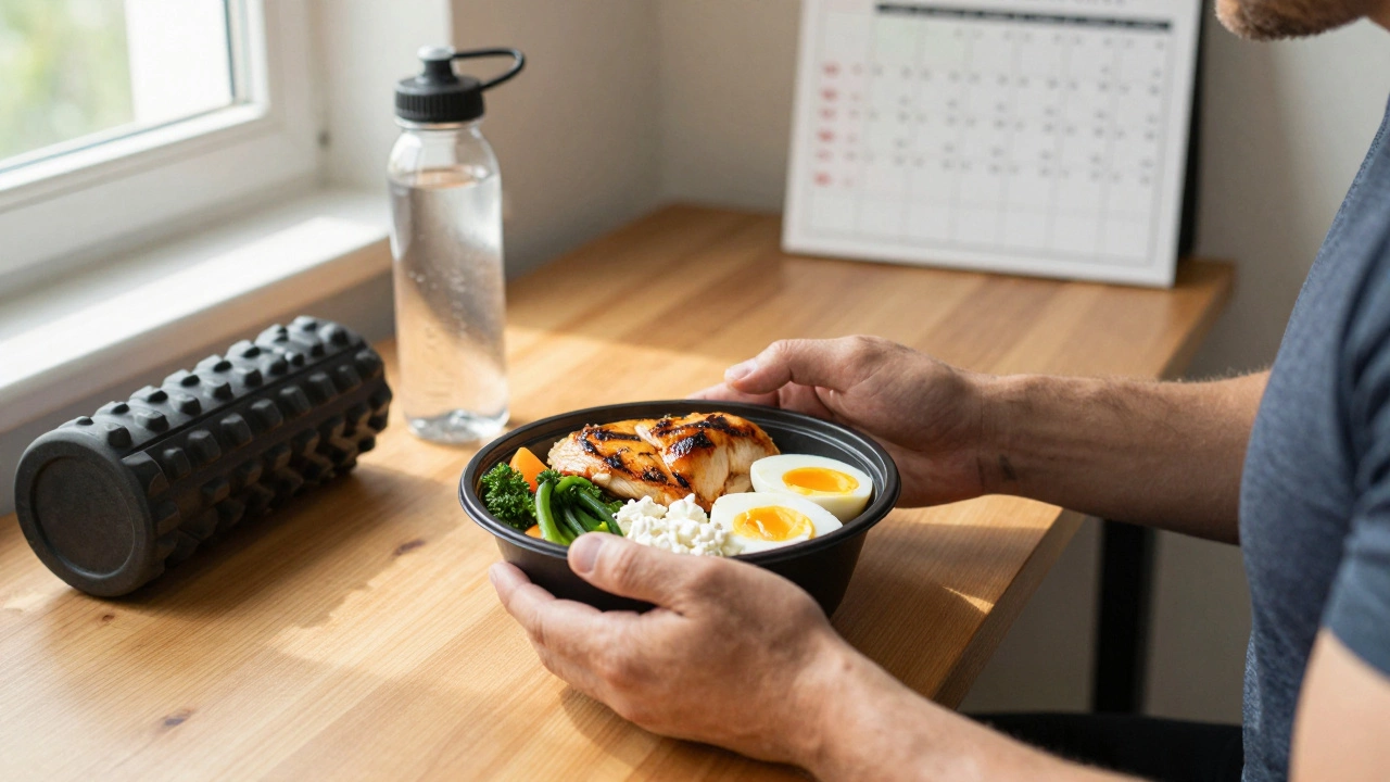 Питание после 40: белковая еда, вода и роллер на фоне календаря тренировок.