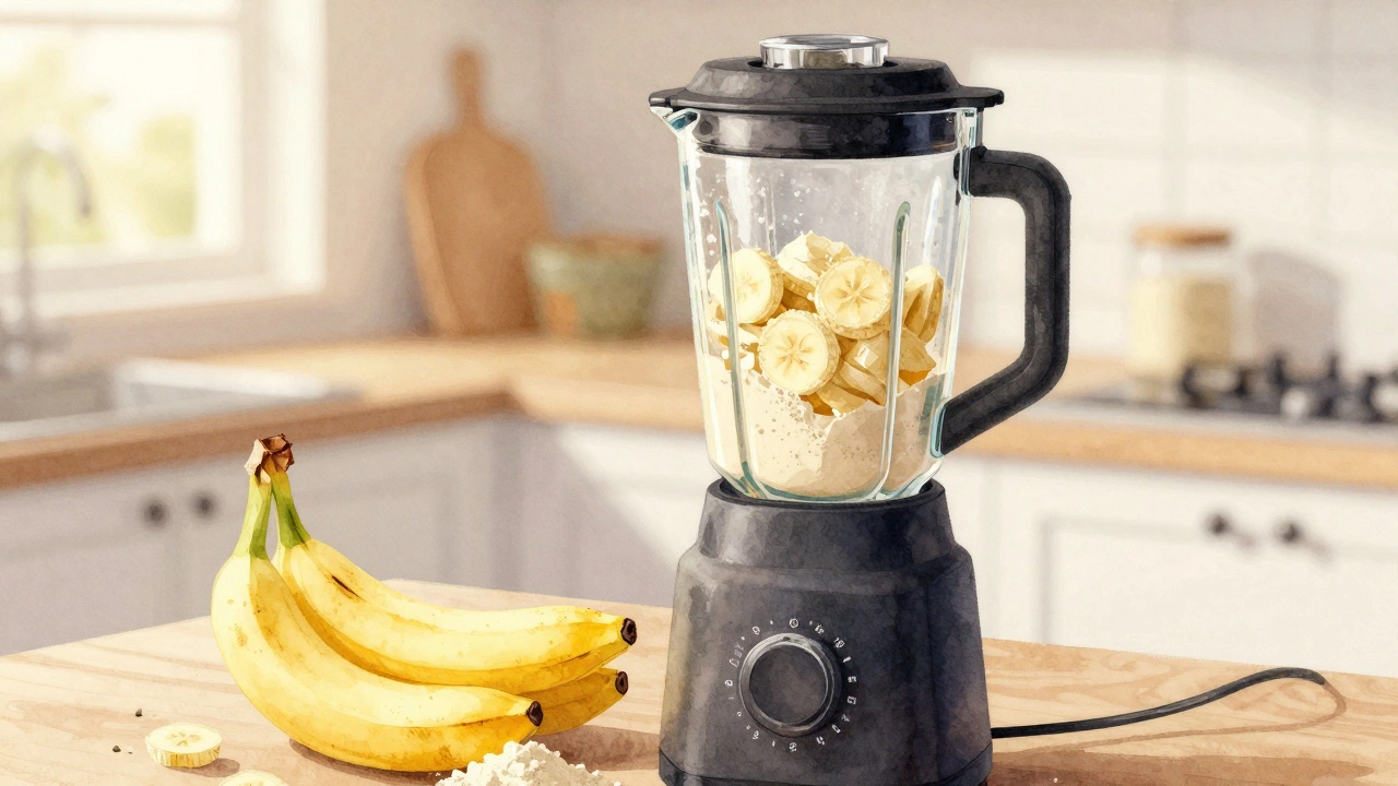 Подготовка протеинового коктейля с бананом и порошком в кухне