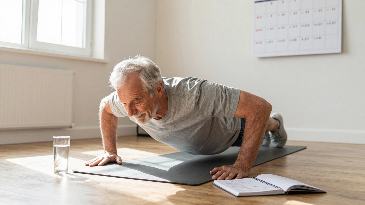 Пожилой мужчина делает отжимание, рядом — дневник с записями о прогрессе за годы.
