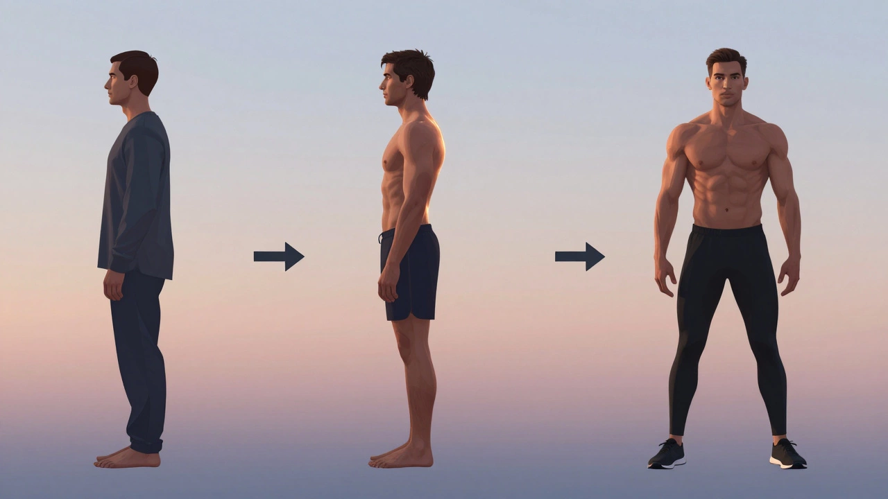 Разделённое изображение: человек меняется за 90 дней от худого до мускулистого, визуализация прогресса без текста.