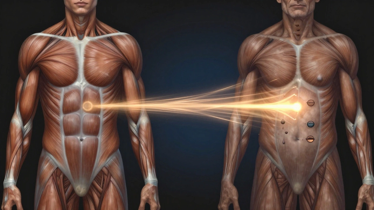 Схематичное изображение мышечного роста с возрастом, показывающее влияние питания, сна и прогрессии нагрузки.