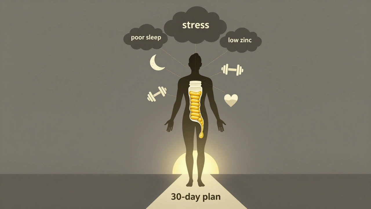 Силуэт человека с символами сна, тренировок и витаминов, свет прорывает тьму