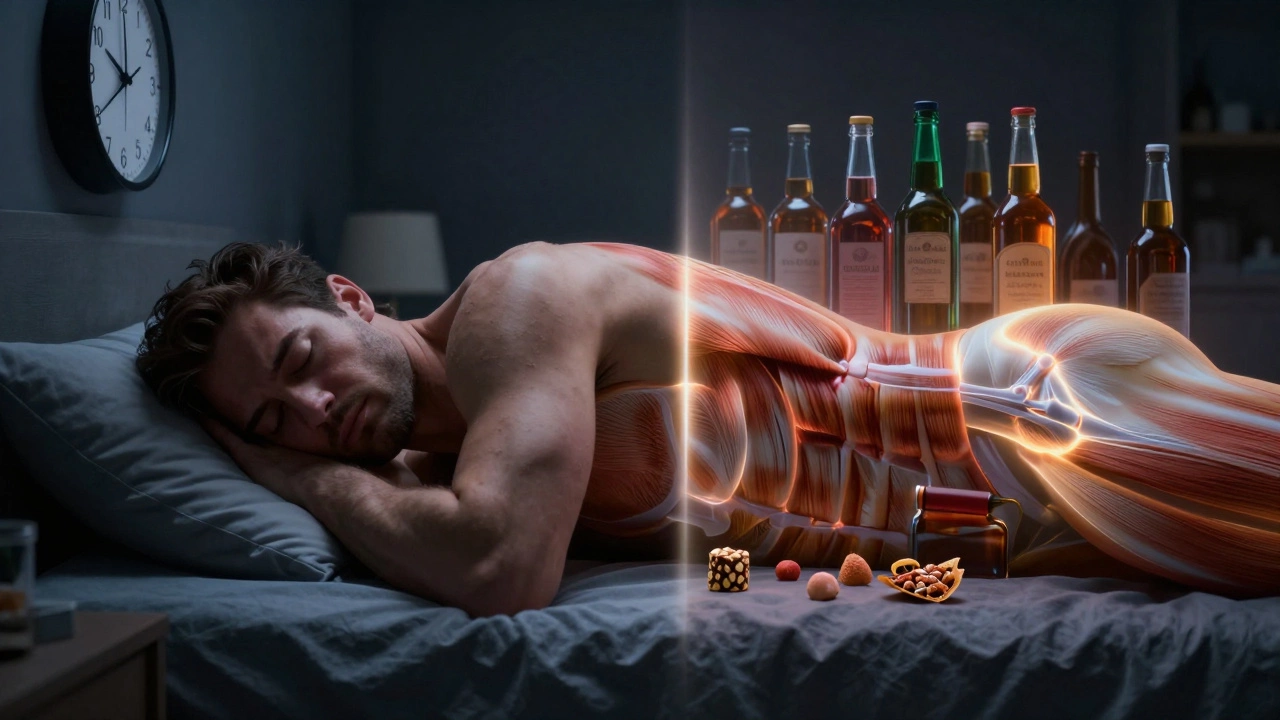 Сон и восстановление мышц против алкоголя и сахара — концептуальное изображение.