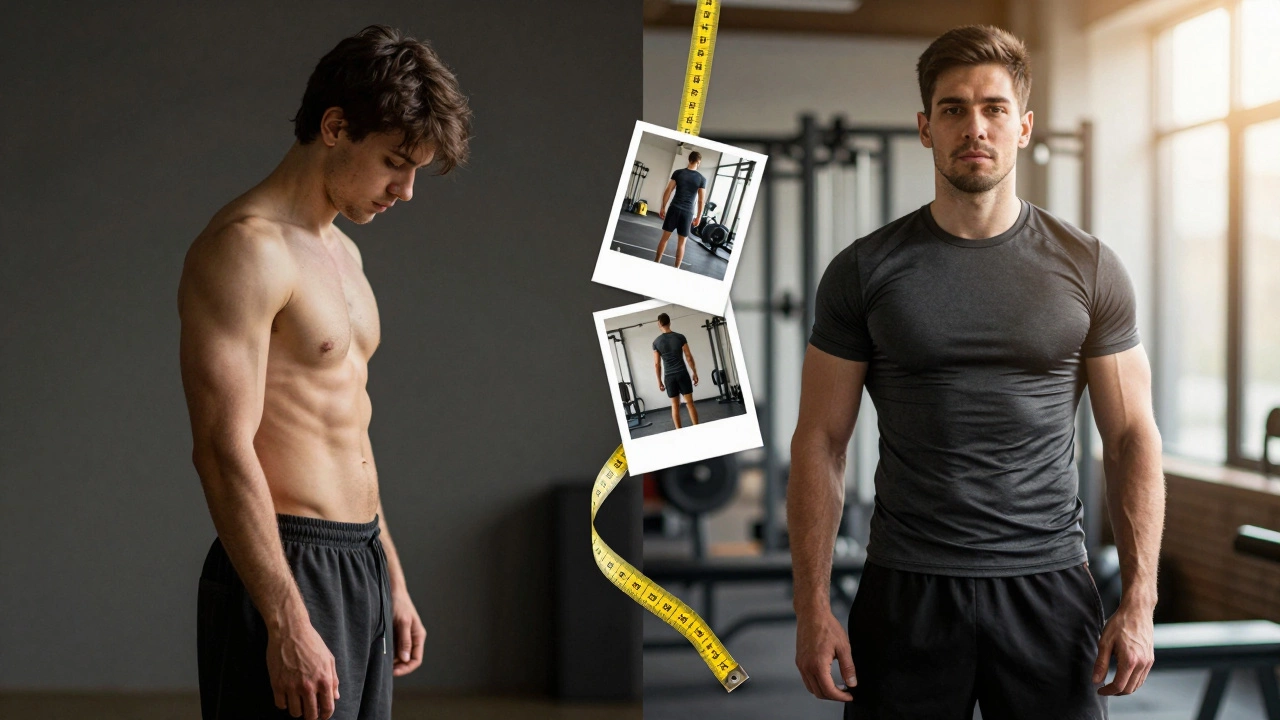 Сравнение до и после: худой человек слева, мускулистый — справа, между ними — измерительные ленты и фото прогресса.