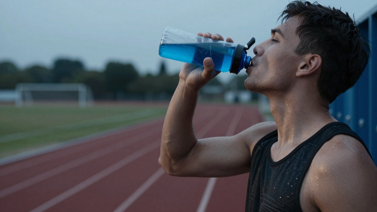 Атлет пьет изотонический напиток для восстановления сил.