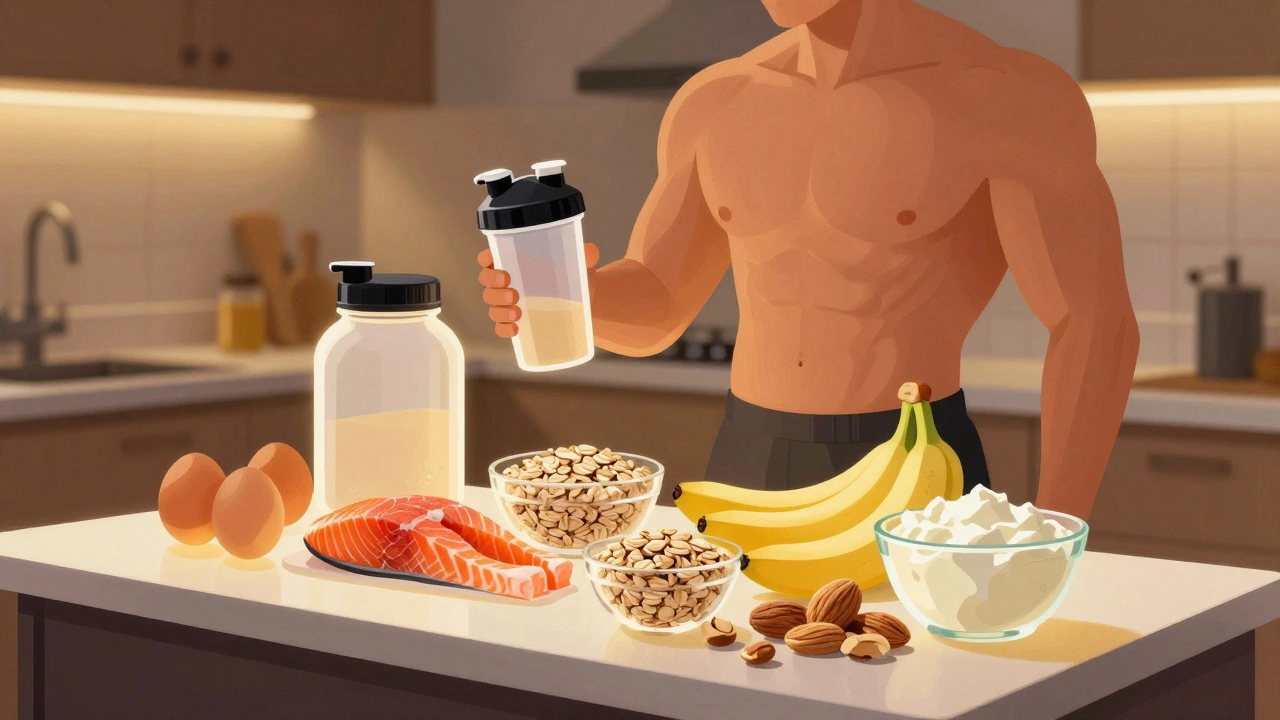 Атлет с протеиновым коктейлем, позади — кухня с натуральными продуктами, поддерживающими набор мышечной массы.