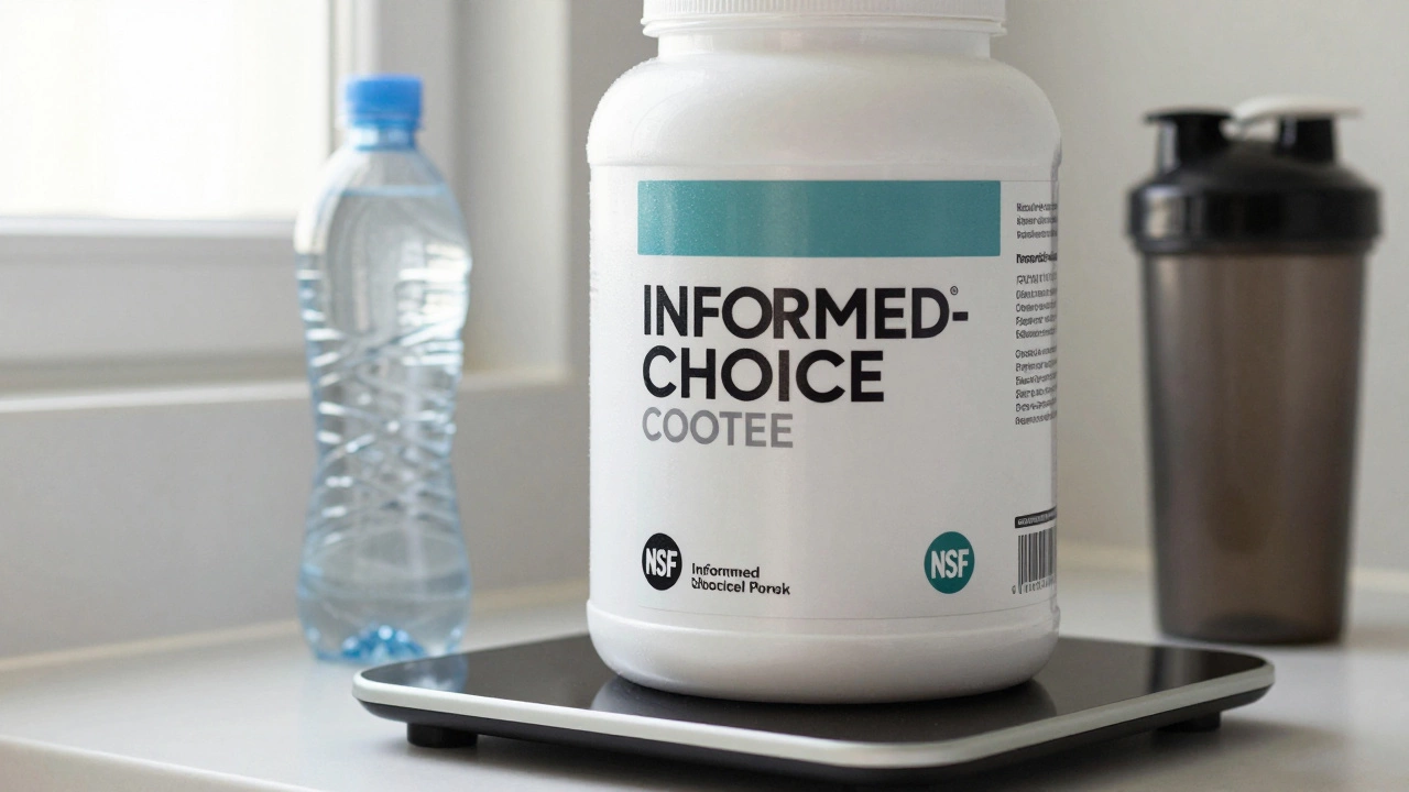 Банка протеина с сертификатами Informed-Choice и NSF, стоит рядом с шейкером и бутылкой воды на фоне окна.