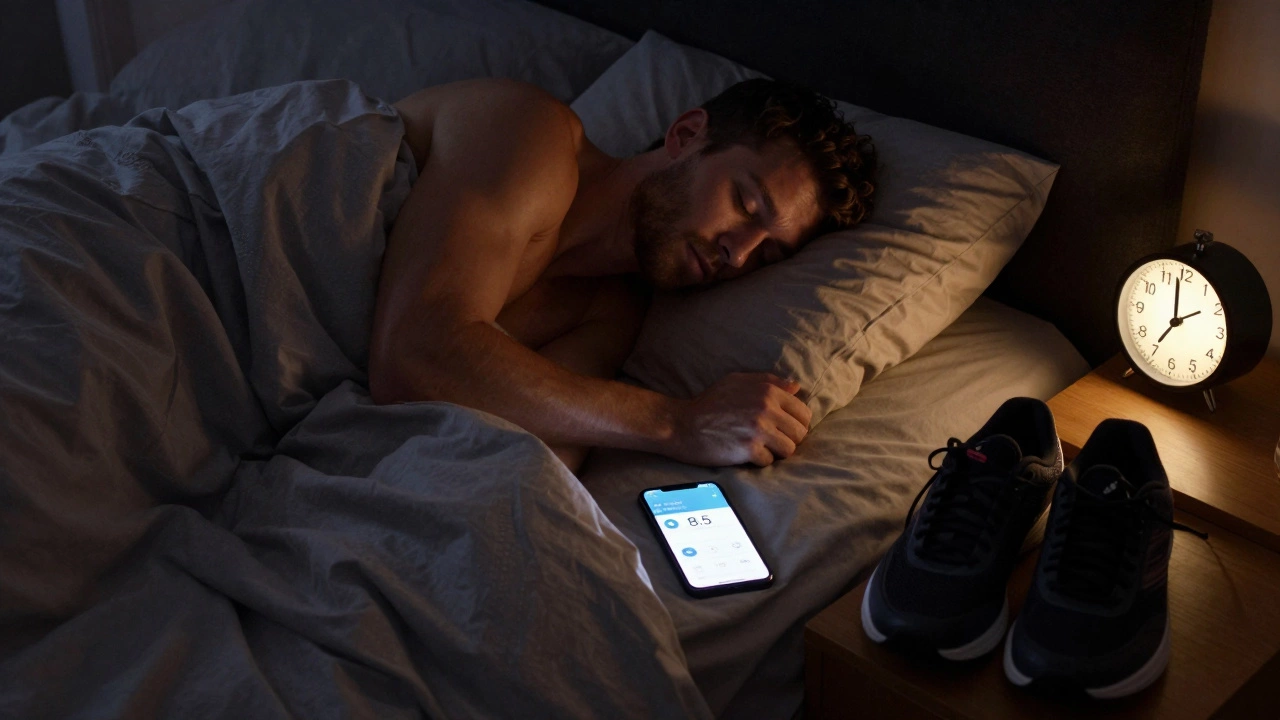 Человек спит в темной комнате, на тумбочке часы показывают 3:00, телефон отображает 8,5 часов сна.