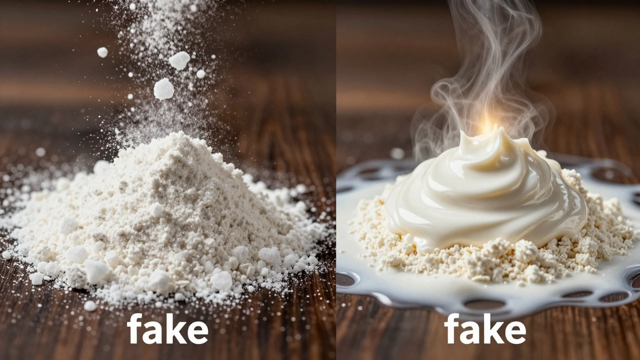 Два типа протеина: один — ярко-белый с кристаллами сахара, другой — кремовый, полностью растворяющийся в воде.