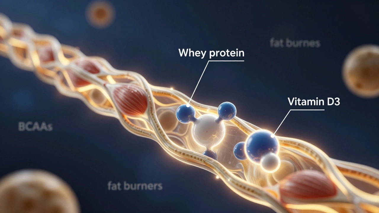 Микроскопический вид мышечной клетки с протеином, креатином и витамином D3, другие добавки тускнеют на фоне.