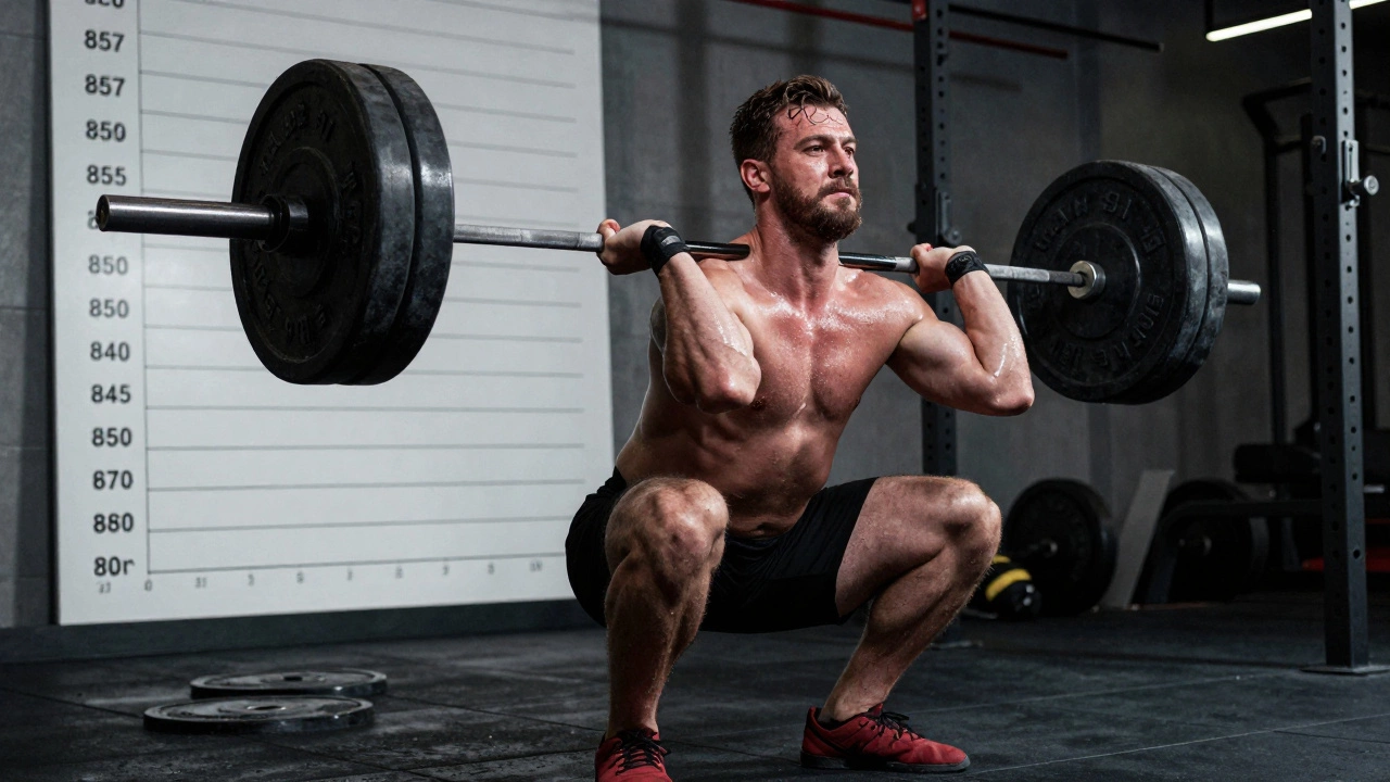 Мужчина делает приседания со штангой, вес на штанге постепенно увеличивается.