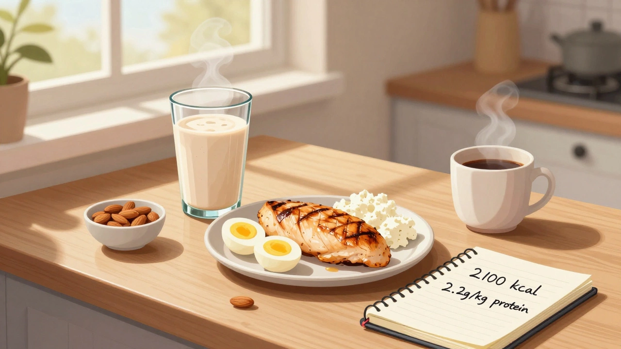 Мужчина измеряет белок на кухне: курица, яйца, орехи и протеин