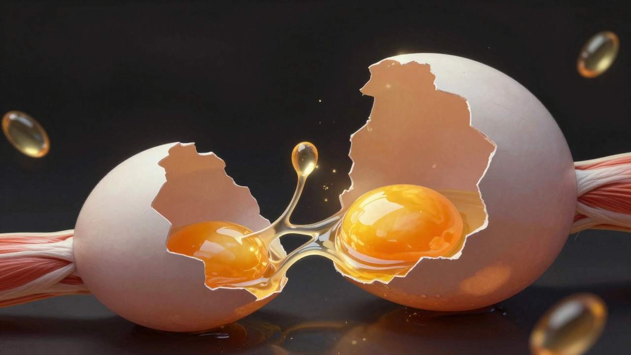 Мышечное волокно растет из треснувшего яйца, вокруг — молекулы питательных веществ