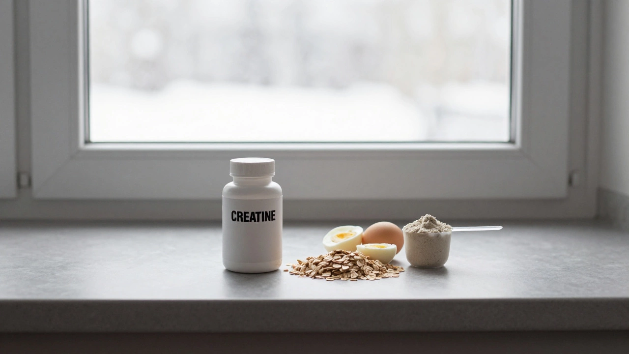 На кухне в Казани: креатин и протеин рядом с овсянкой и яйцами, зимний свет через окно.