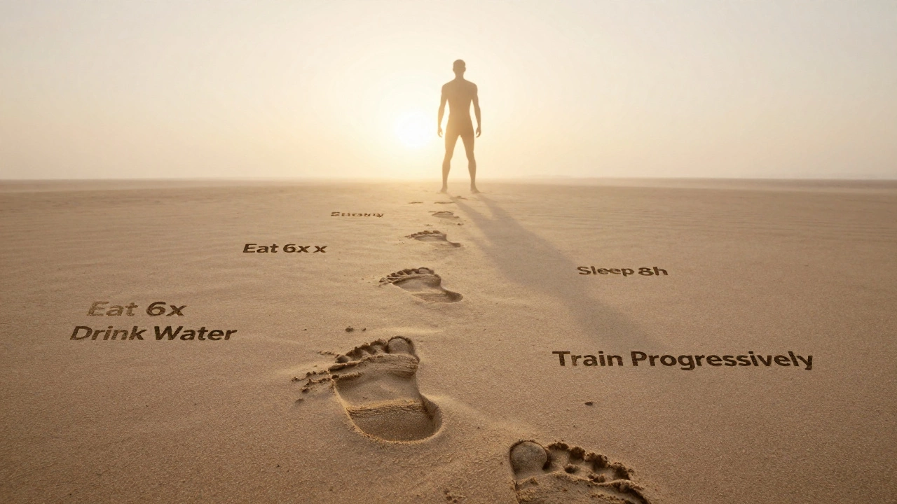 Отпечатки шагов в песке с ключевыми привычками для набора мышечной массы, вид на горизонт с восходом солнца.
