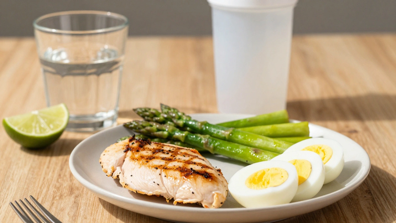 Полезна пища с белком, овощами и водой на столе, спортивное питание на фоне