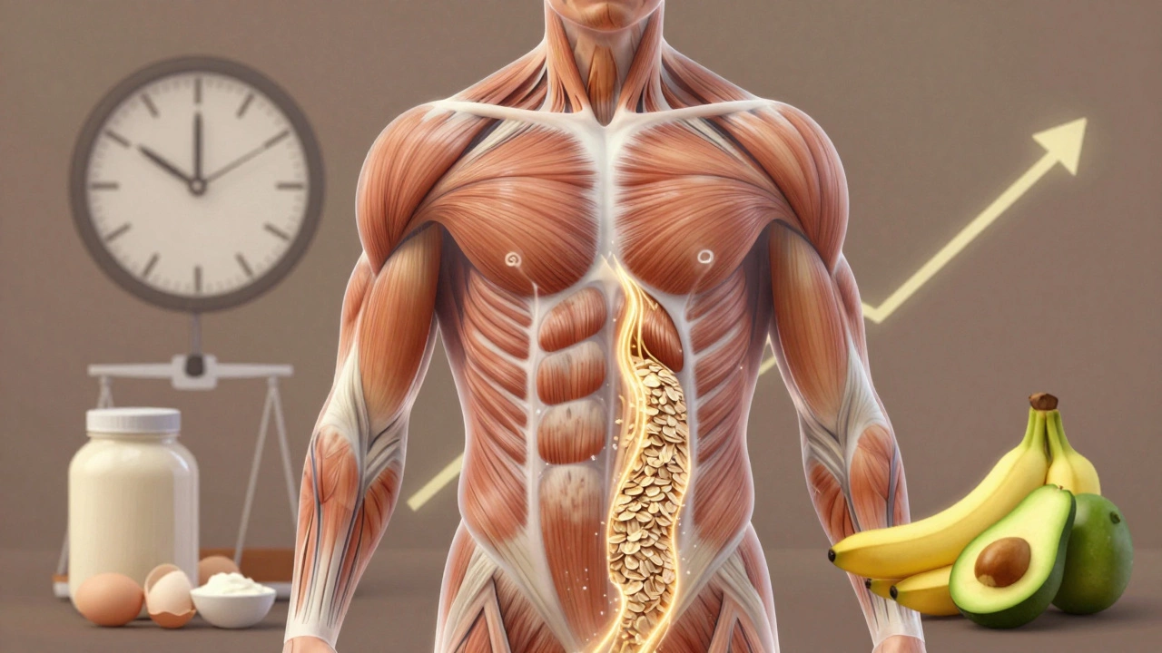 Прозрачный человеческий организм с потоками белков, углеводов и жиров, питающих мышечные волокна.