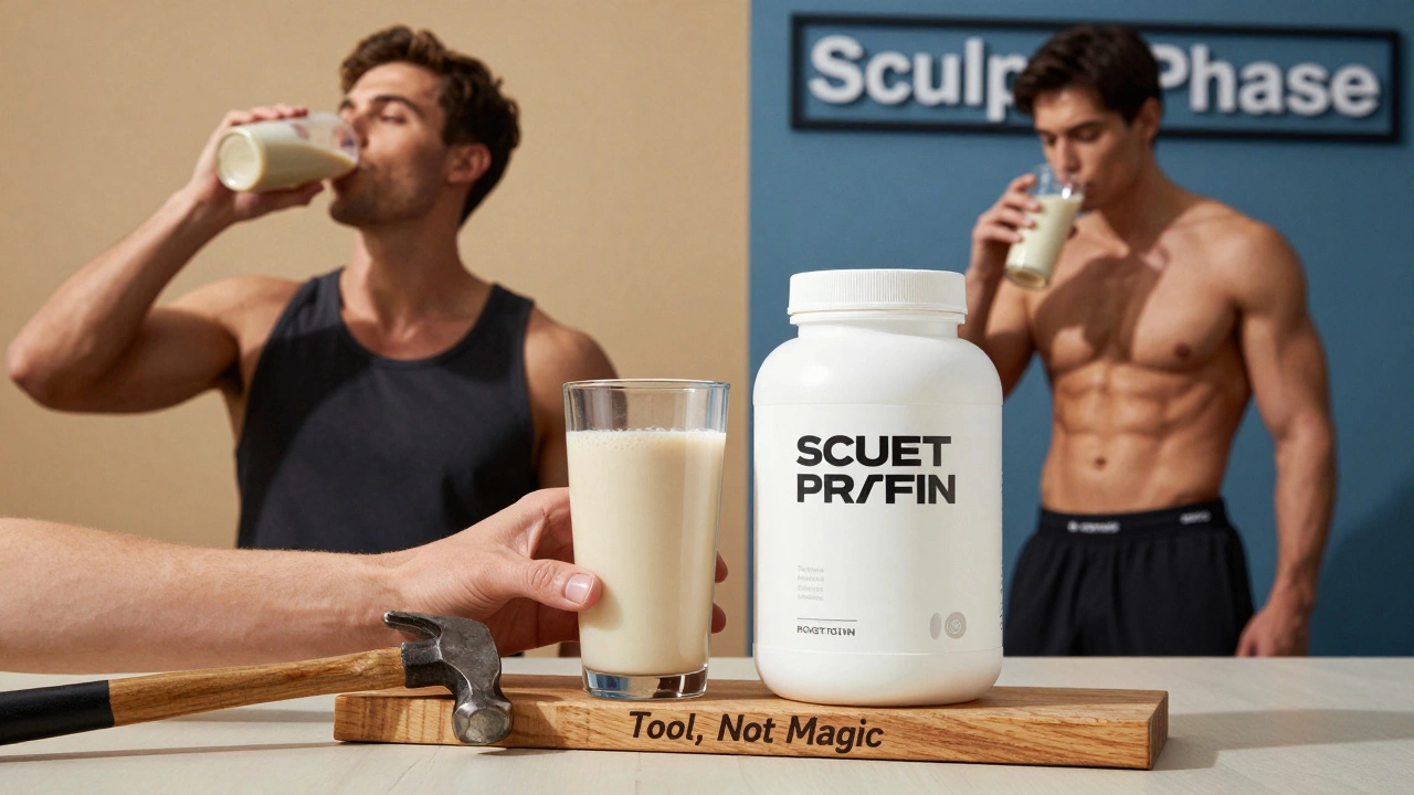 Рука держит стакан обычного протеина и чистый изолят, рядом — молоток и надпись 'Инструмент, не магия'.
