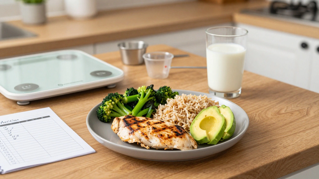 Сбалансированный обед на деревянном столе: курица, рис, авокадо и овощи, рядом измерительные приборы и блокнот.