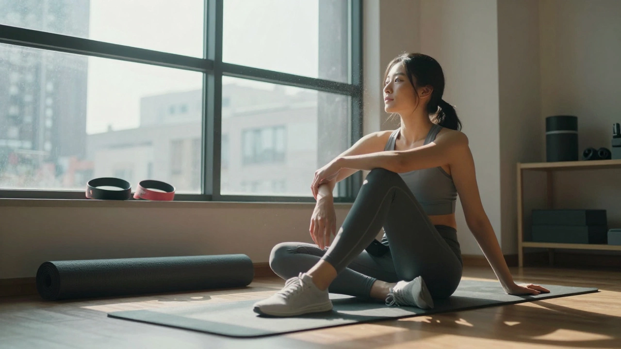 Спокойная атмосфера утра, человек делает растяжку дома после тренировок