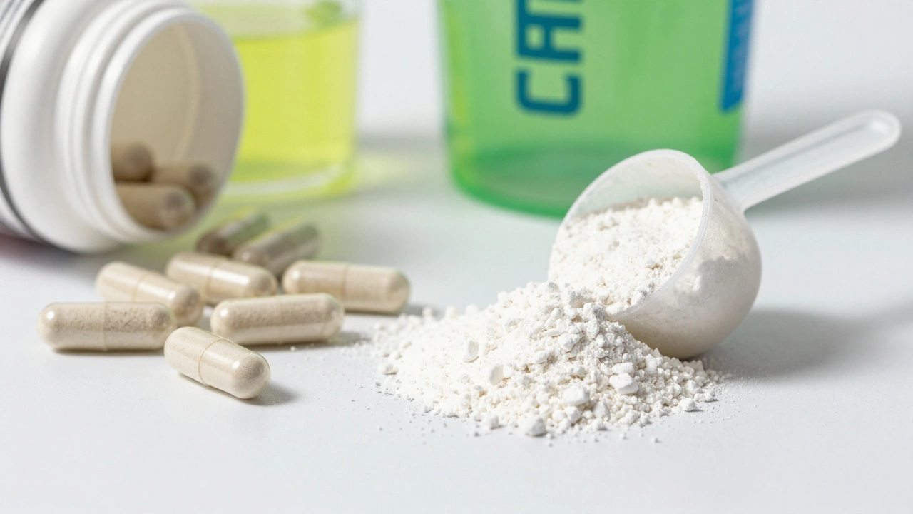 Спортивные добавки и порошок креатина на столе в макросъемке.