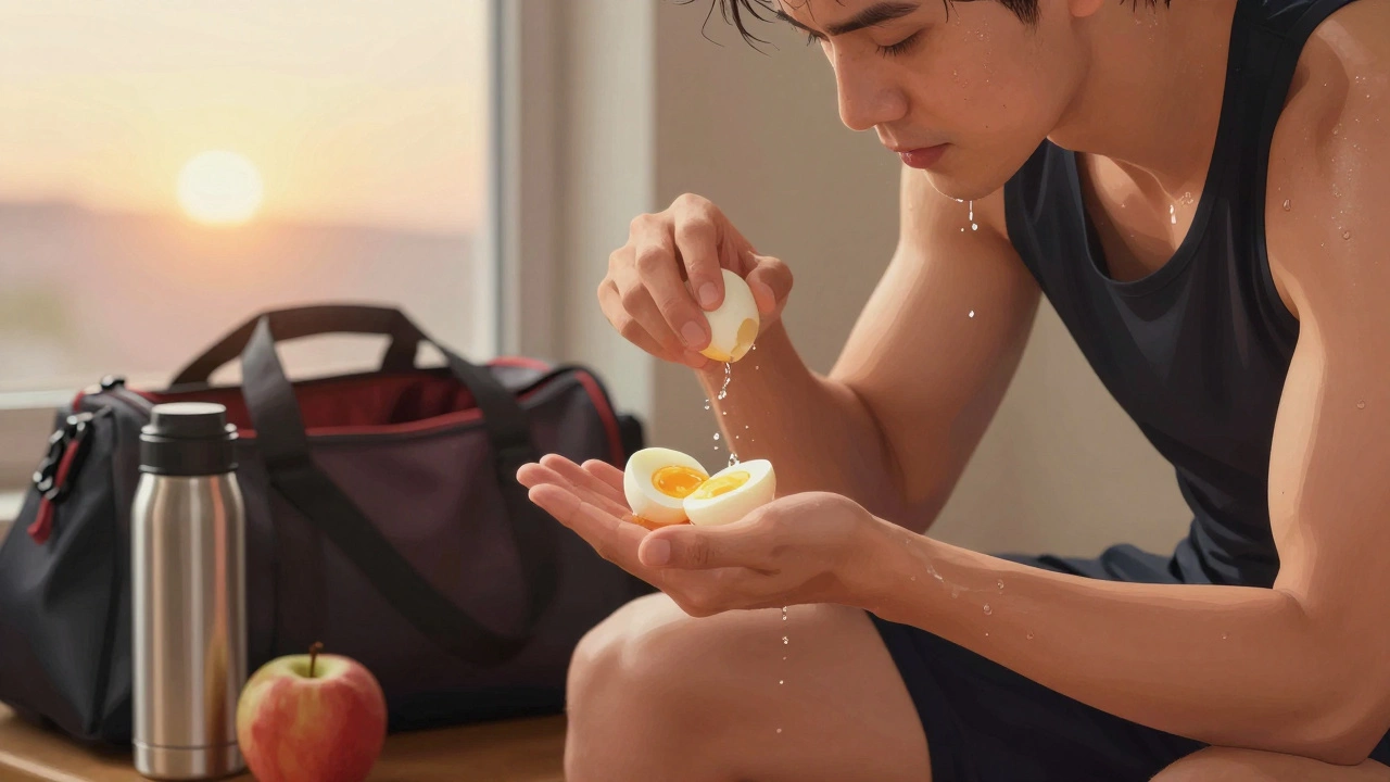 Спортсмен ест вареные яйца после тренировки, на фоне рассвета и спортивной сумки
