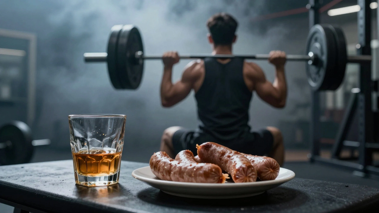 Бокал алкоголя и сосиски на переднем плане перед тренирующимся атлетом