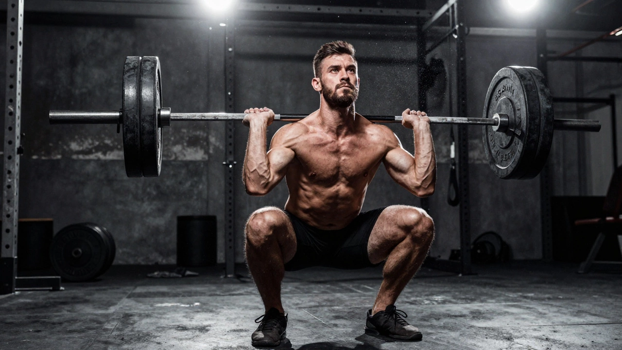 Мускулистый атлет выполняет тяжелое приседание со штангой в спортзале