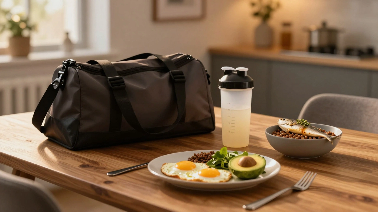 Раскладка полезных продуктов и протеинового коктейля для сбалансированного питания