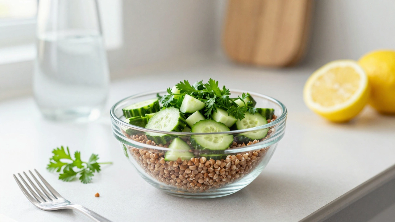Салат из гречки с огурцами и зеленью в стеклянной миске