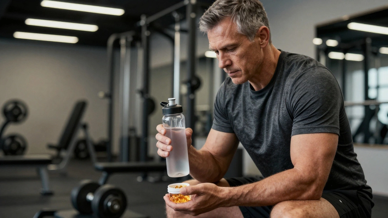 Спортсмен в зале с витаминами и водой, планирующий стратегию питания