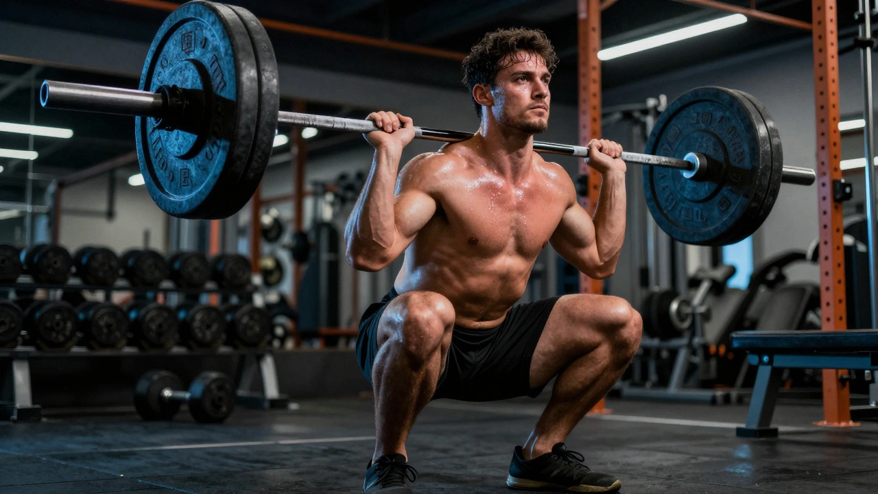Спортсмен выполняет тяжелое приседание со штангой в тренажерном зале