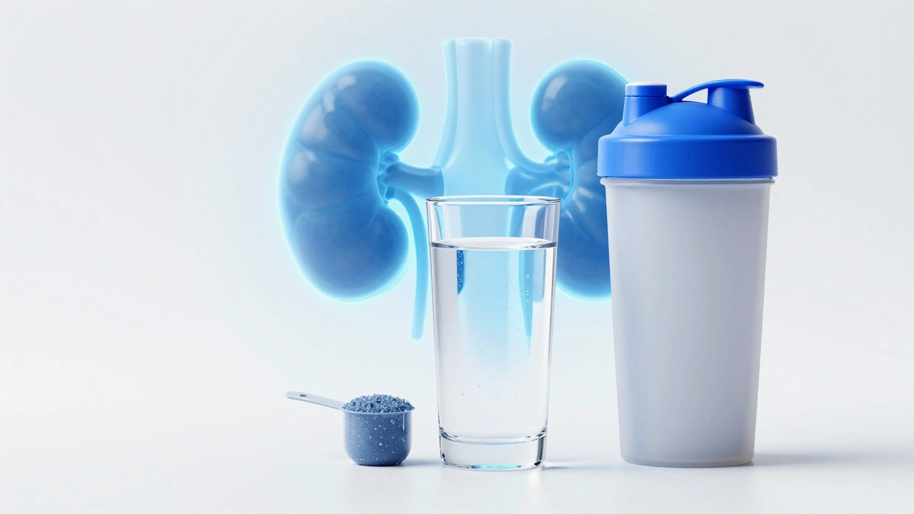 Стакан воды и протеиновый шейкер на фоне схематичного изображения почек