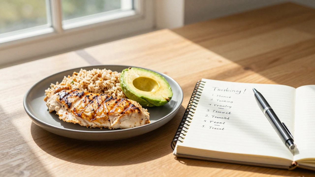 Здоровая белковая еда и тренировочный дневник на столе