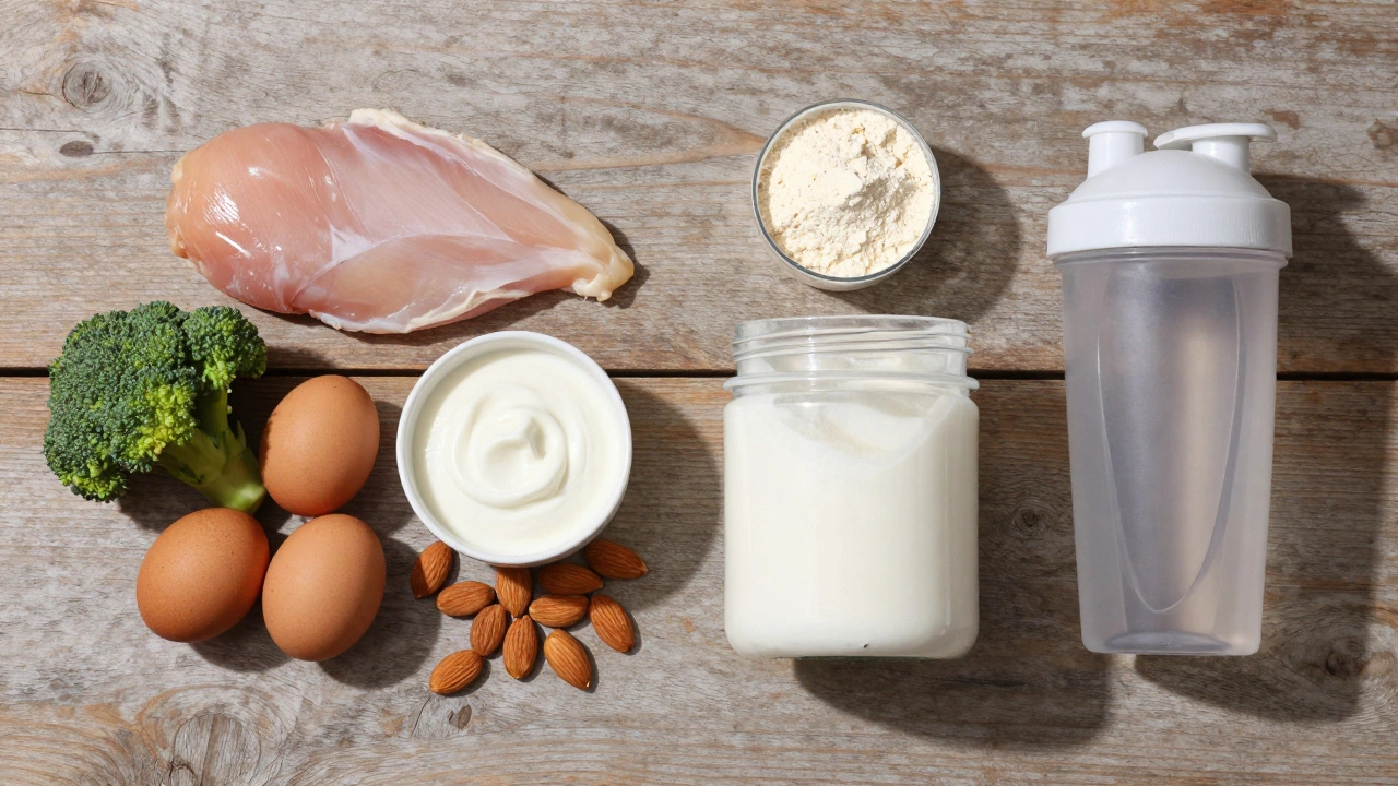 Свежие продукты и порция протеинового порошка на деревянном столе, акцент на балансе питания