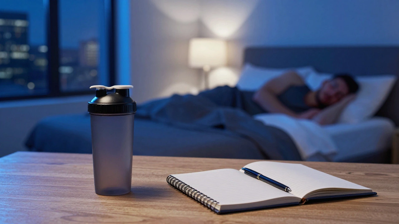 Person sleeping in a bedroom with a protein shaker and notebook nearby
